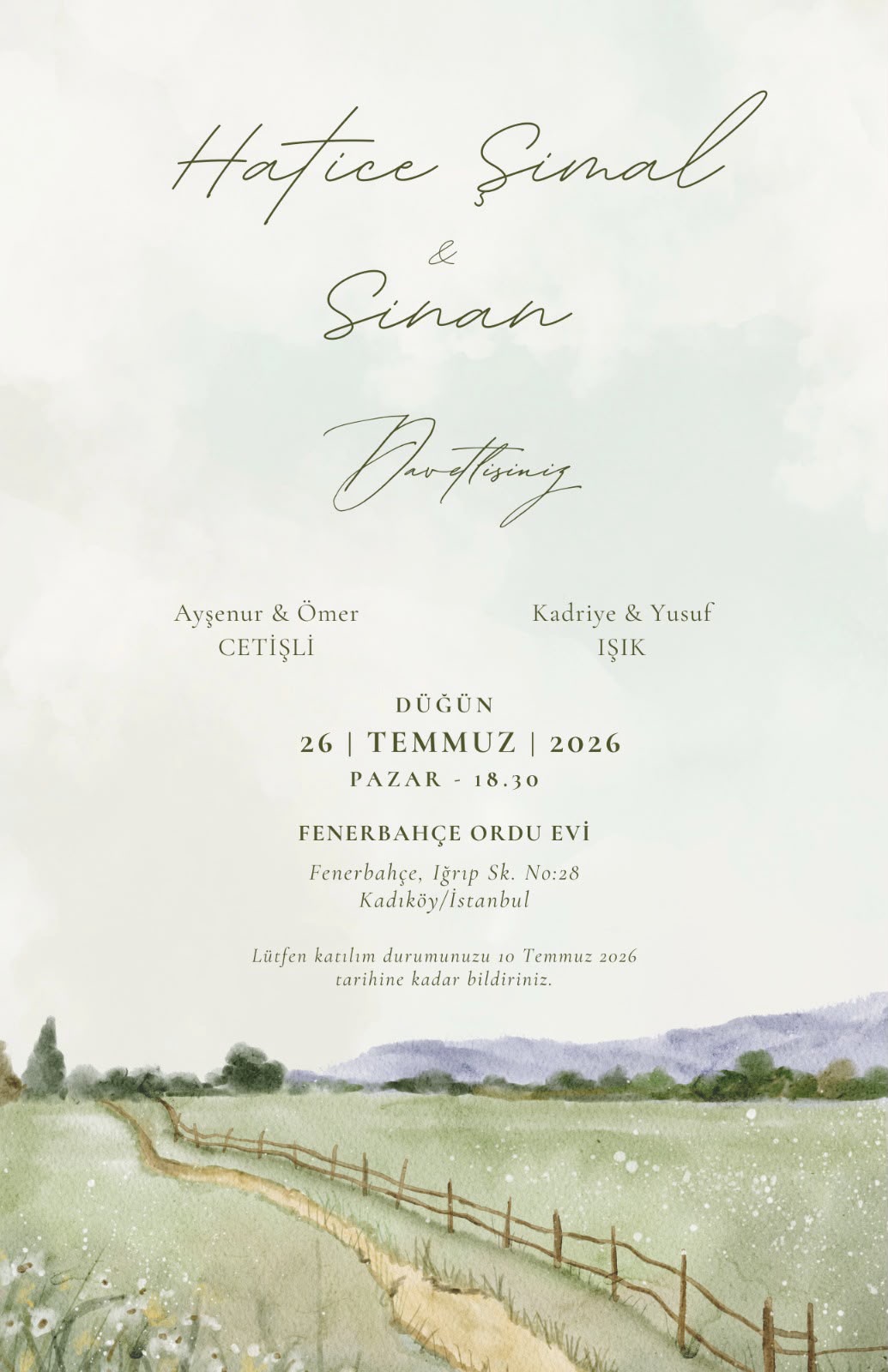 Hatice Şimal & Sinan — Düğün Davetiyesi — 26 Temmuz 2026 Pazar 18.30, Fenerbahçe Ordu Evi, Kadıköy/İstanbul